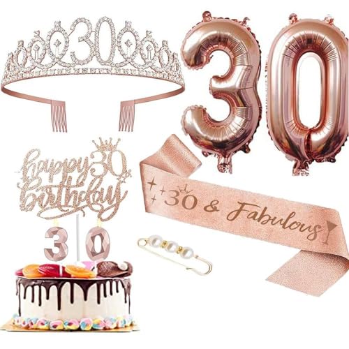 GIVBRO 30 Geburtstag Tiara Strass Krone Geburtstag Schärpe mit Perle Pin 30 Luftballons Kuchen Topper 30 Digital Kerzen Frauen Party Supplies von GIVBRO