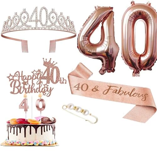 GIVBRO 40 Geburtstag Tiara Strass Krone Geburtstag Schärpe mit Perle Pin 40 Luftballons Kuchen Topper 40 Digital Kerzen Frauen Party Supplies von GIVBRO