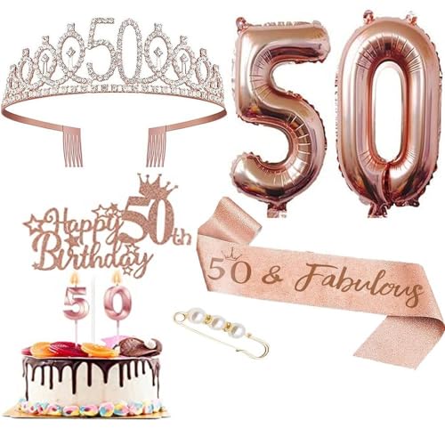 GIVBRO 50 Geburtstag Tiara Strass Krone Geburtstag Schärpe mit Perle Pin 50 Luftballons Cake Topper 50 Digital Kerzen Frauen Party Supplies von GIVBRO
