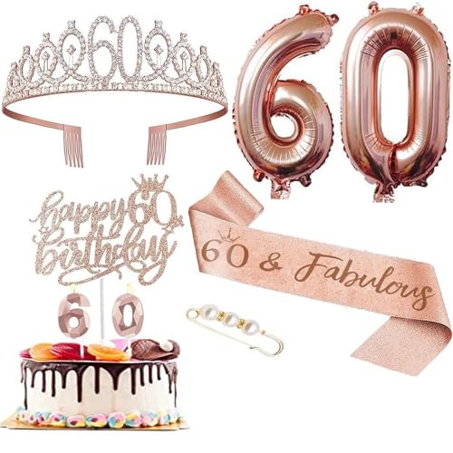 GIVBRO 60 Geburtstag Tiara Strass Krone Geburtstag Schärpe mit Perle Pin 60 Luftballons Kuchen Topper, 60. Digitale Kerzen Frauen Party Supplies von GIVBRO