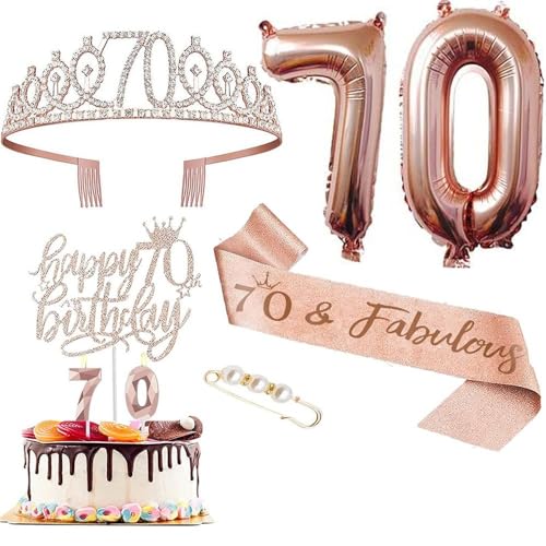 GIVBRO 70 Geburtstag Tiara Strass Krone Geburtstag Schärpe mit Perle Pin 70 Luftballons Kuchen Topper, 70 Digital Kerzen Frauen Party Supplies von GIVBRO