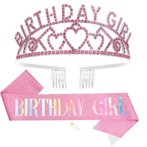 GIVBRO Diadem für Geburtstag, Herz, Strass-Krone mit Kämmen, Geburtstagsschärpe für Frauen, Mädchen, Party-Dekorationen (#E) von GIVBRO