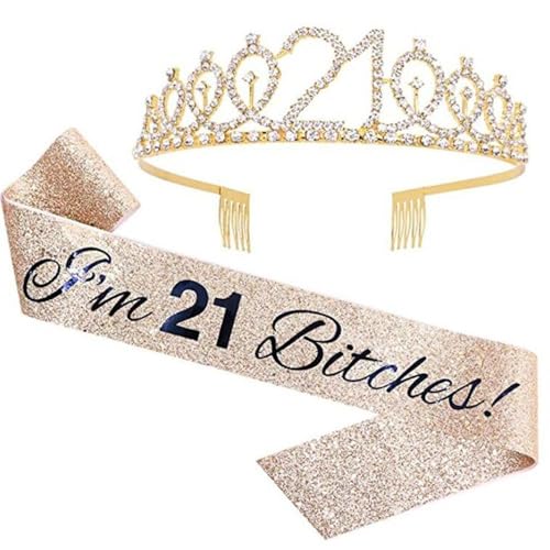 GIVBRO Diadem zum 21. Geburtstag, mit Strasssteinen, Krone mit Kämmen, Schärpe zum 21. Geburtstag, für Damen und Mädchen, Party-Dekorationen (#C) von GIVBRO