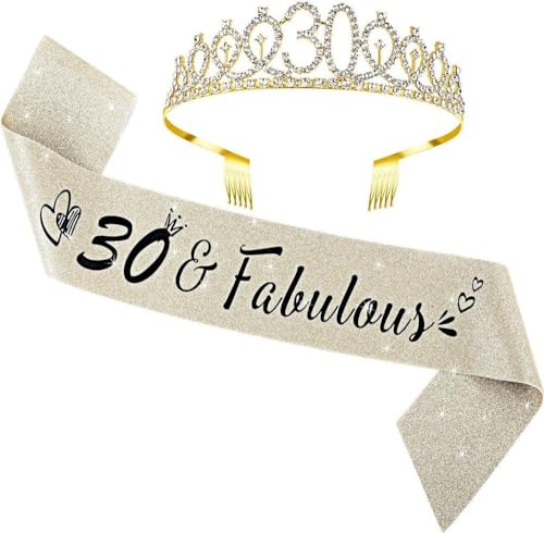 GIVBRO Diadem zum 30. Geburtstag, Strass-Krone mit Kämmen, Schärpe zum 30. Geburtstag, für Frauen, Party-Dekorationen (#F) von GIVBRO