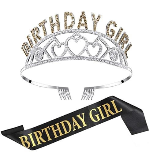 GIVBRO Geburtstag Mädchen Tiara Liebesherz Strass Krone mit Kämmen Geburtstag Mädchen Schärpe Geburtstag Party Zubehör für Frauen (#B) von GIVBRO