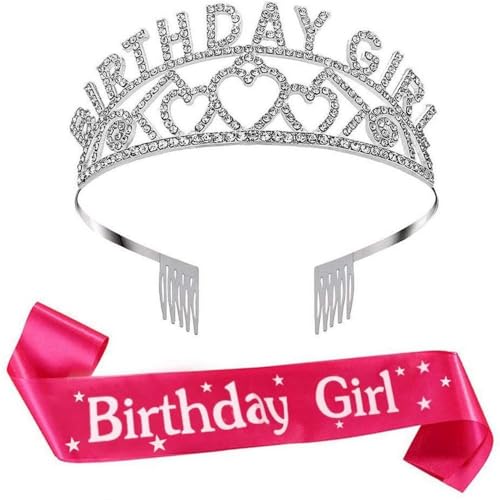GIVBRO Geburtstag Mädchen Tiara Liebesherz Strass Krone mit Kämmen Geburtstag Mädchen Schärpe Geburtstag Party Zubehör für Frauen (#G) von GIVBRO