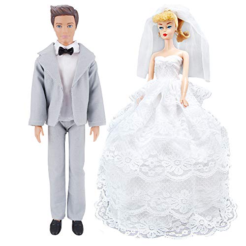 GIVBRO Mode Puppenkleidung Hochzeit Outfit für 11,5 Zoll Mädchen Puppen 30,5 cm Junge Puppen Dress Up Kostüm Zubehör Braut Hochzeitskleid Bräutigam Anzug (#A) von GIVBRO