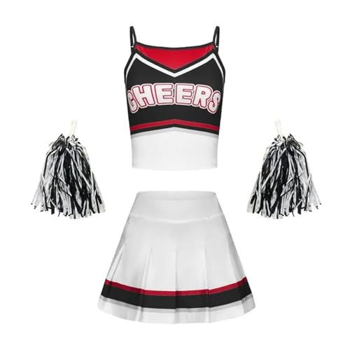 GIYXHU Cheerleader-Uniform Cheerleader-Kostüm for Schulmädchen, stilvolles, atmungsaktives Outfit, Kleid, Cheerleader-Top und Rock for Mädchen(Black,150) von GIYXHU