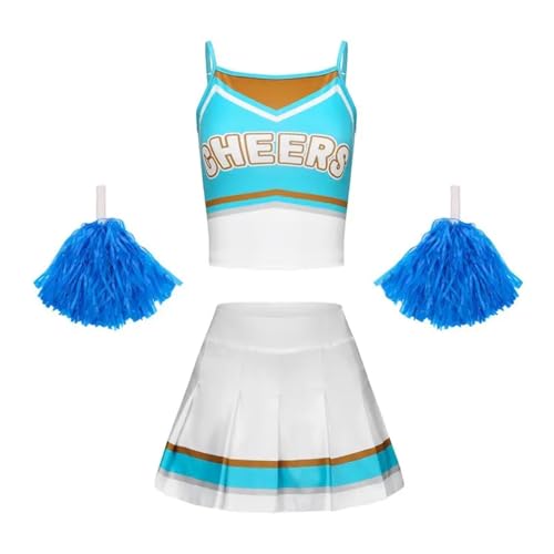 GIYXHU Cheerleader-Uniform Cheerleader-Kostüm for Schulmädchen, stilvolles, atmungsaktives Outfit, Kleid, Cheerleader-Top und Rock for Mädchen(Blue,120) von GIYXHU