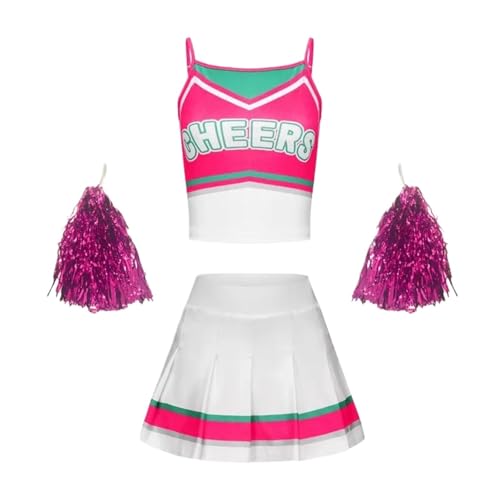 GIYXHU Cheerleader-Uniform Cheerleader-Kostüm for Schulmädchen, stilvolles, atmungsaktives Outfit, Kleid, Cheerleader-Top und Rock for Mädchen(Pink,130) von GIYXHU