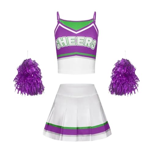 GIYXHU Cheerleader-Uniform Cheerleader-Kostüm for Schulmädchen, stilvolles, atmungsaktives Outfit, Kleid, Cheerleader-Top und Rock for Mädchen(Purple,130) von GIYXHU