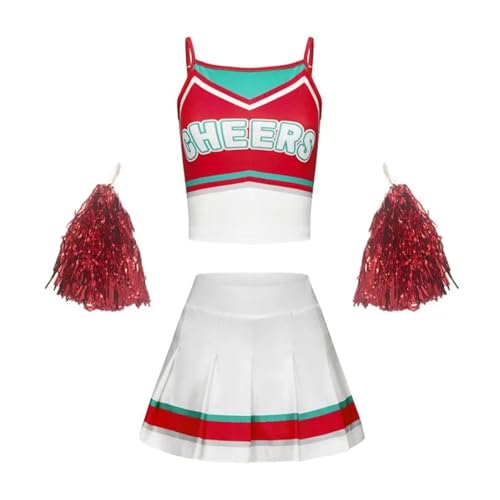 GIYXHU Cheerleader-Uniform Cheerleader-Kostüm for Schulmädchen, stilvolles, atmungsaktives Outfit, Kleid, Cheerleader-Top und Rock for Mädchen(Red,160) von GIYXHU