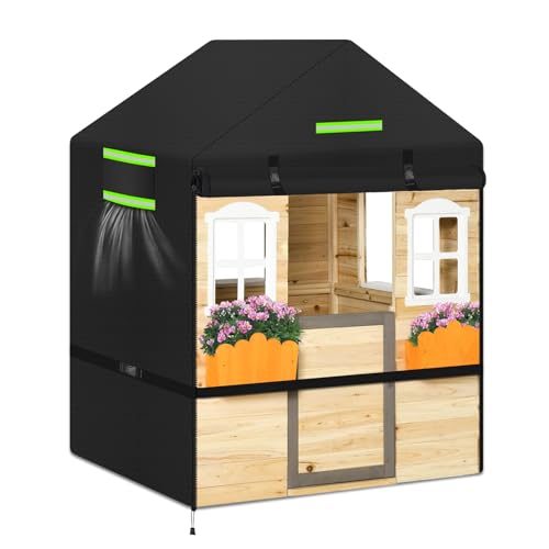 Kinderspielhaus-Abdeckungen,Spielhaus Outdoor Abdeckplane Wasserdicht 600D Oxford Gartenhaus Spielhäusr Abdeckung mit Reißverschluss, Reflektierende Streifen,220x174x173CM(Schwarz,220) von GJMZTQG