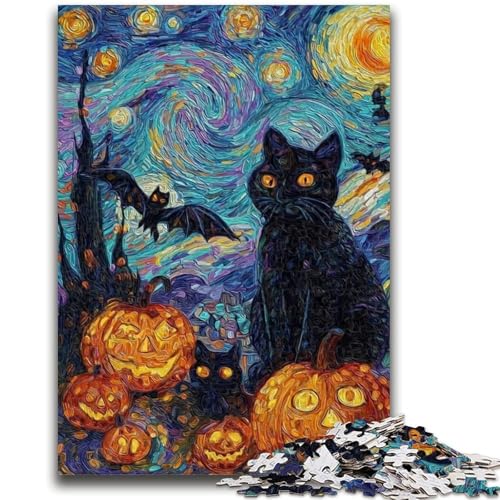 1000-teiliges Puzzle für Erwachsene und Jugendliche, Halloween, Schwarze Katze, 1000-teiliges Puzzle, Lernspielzeug, Familienspiele, einzigartige Geburtstags- und Geschenkideen (38x26cm) von GKJPOXZJ
