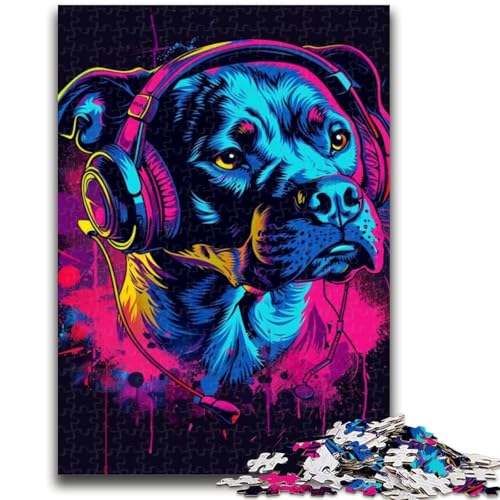 1000-teiliges Puzzle für Erwachsene und Jugendliche, Pitbull mit Kopfhörern, Lernspiele, Heimdekoration, geeignet als Schreibtischdekoration, (38x26cm) von GKJPOXZJ