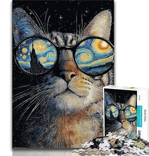 1000-teiliges Puzzle für Teenager, Katze mit Brille, hilft dem Gehirn, süchtig machendes Spielzeug zu trainieren, um Geduld zu fördern, Künstlersammlung, bildende Kunst, 38x26cm von GKJPOXZJ