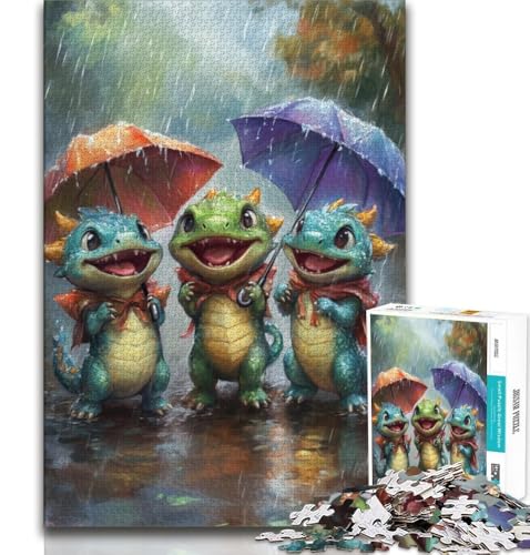 Puzzle 1000 Teile für Teenager-Geschenke „DREI Dinosaurier unter einem Regenschirm“, Stressabbau, schwierige Herausforderung, ganze Familie, 75x50cm von GKJPOXZJ