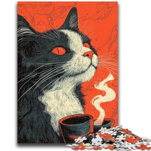 Puzzle für Erwachsene, 1000 Teile, Katze trinkt Kaffee, Teenager-Puzzle, Quizspiel, Wanddekoration, einzigartige Geburtstags (26x38cm) von GKJPOXZJ