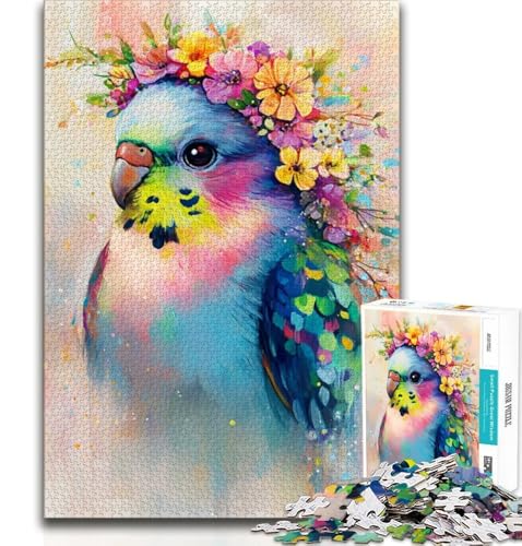 Puzzle für Erwachsene, 1000-teiliges Puzzle, Wellensittich mit Blumenkrone, Stressabbau, schwierige Herausforderung, ganze Familie, 75x50cm von GKJPOXZJ
