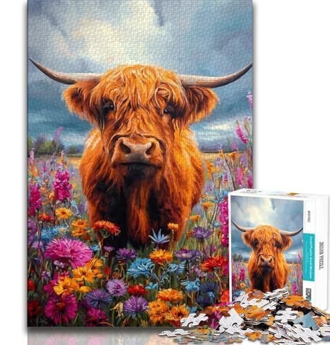 Puzzle für Erwachsene und Teenager, Hochlandkuh und Blumen, anspruchsvolles Spiel und Lernspiel für die ganze Familie zum Geburtstag, Weihnachten, 38x26cm von GKJPOXZJ