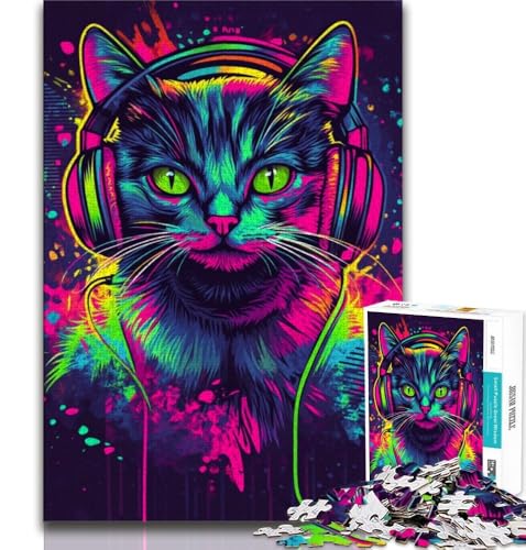 Puzzle für Teenager, 1000 Stück, Katze mit Kopfhörern, Lernspiele, Heimdekoration, Lernspiel für Geburtstag, Weihnachten, 38x26cm von GKJPOXZJ