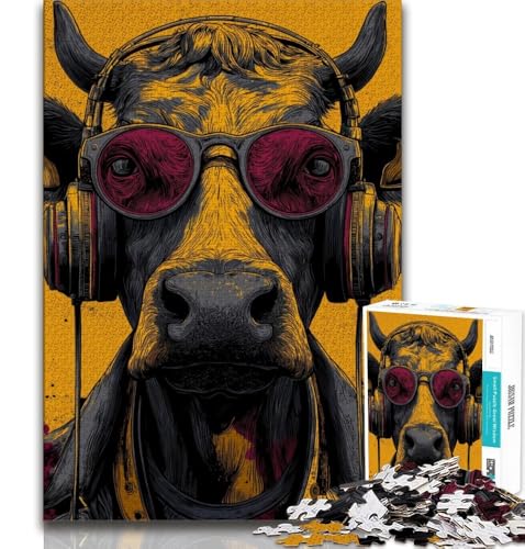Puzzle für Teenager, 1000 Teile, Kuh hört Musik, Dekomprimierendes intellektuelles Lernspielzeug, Lernspiel zum Geburtstag, Weihnachten, 38x26cm von GKJPOXZJ