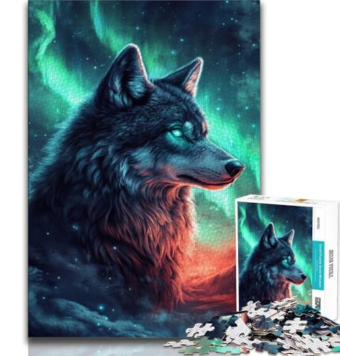 Puzzle für Teenager, Wolf unter der Aurora, hilft dem Gehirn, süchtig machendes Spielzeug zu trainieren, um Geduld zu fördern, perfekte Dekoration, 75x50cm von GKJPOXZJ