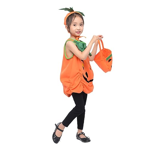 GKKICO 2023 Halloween-Kostüm für Kinder, Mädchen, Kürbiskostüm, Kinderkleid, Kleidungsset mit Stirnband, Kürbistasche, Langlebig von GKKICO