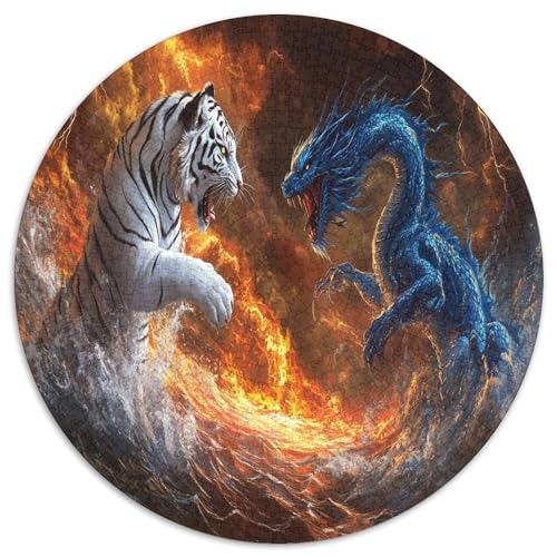 Drachen Tiger 1000 Teile Circular Puzzles Stressabbau-Spielzeugfür Erwachsene Kinder - Schwer, Verringerter Druck Rundes Für Erwachsene Geschenke Für Mama, 1000pcs (67.5x67.5cm) von GKWEQPQWK