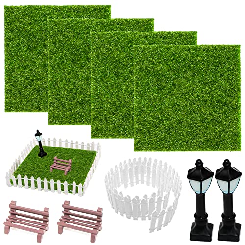 Kunstrasen Miniaturgarten Gras zum Basteln 9Stk Künstliche Moos Miniatur Bank Zaun für Miniatur-Ornament Zubehör Set Mikrolandschaft Miniatur Garten Deko(15x15cm) von GKZB