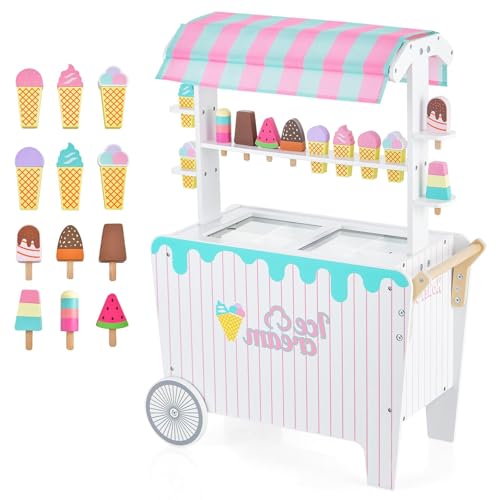 GLACER Eiswagen Holz Kinder Lebensmittelgeschäft Spielset w/Display Rack Gefrierschrank Seitengriff Bar 2 Räder Baldachin 12-teiliges Zubehör Realistisches Eiswagen Spielzeug Geschenk für Jungen von GLACER
