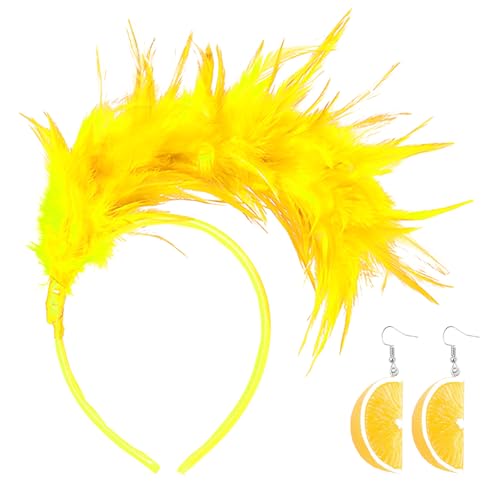 2 Stücke Damen Karneval ZubehöR,1920er Feder Stirnband Obst Ohrring Set,Modische Und Charmante Feder Kopfschmuck,Niedliche Und Lustige Ohrringe,Geeignet FüR Karneval,Cocktail,Party (Gelb) von GLAITC