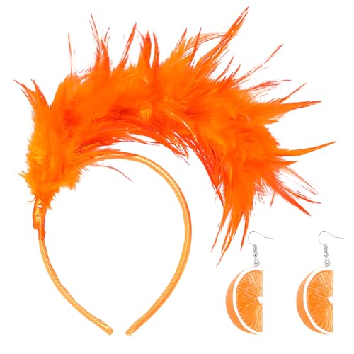 2 Stücke Damen Karneval ZubehöR,1920er Feder Stirnband Obst Ohrring Set,Modische Und Charmante Feder Kopfschmuck,Niedliche Und Lustige Ohrringe,Geeignet FüR Karneval,Cocktail,Party (Orange) von GLAITC