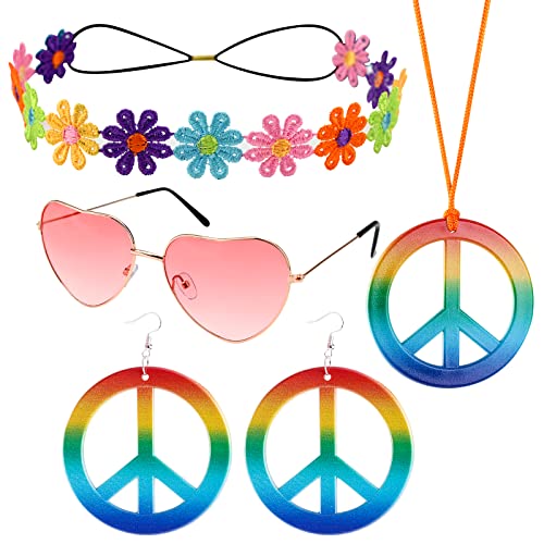 GLAITC Hippie Kostüm Set,5 Stück Hippie Accessoires Kit Kostüm Hippie Brille Friedenszeichen Halskette Friedensohrring für Kinder Erwachsene Hippie Retro Party (Colorful) von GLAITC