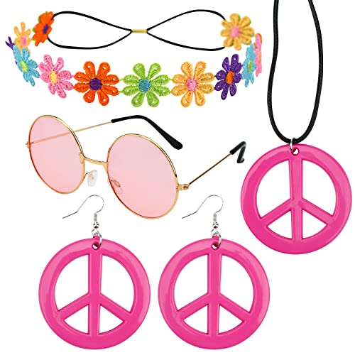 GLAITC Hippie Kostüm Set,5 Stück Hippie Accessoires Kit Kostüm Hippie Brille Friedenszeichen Halskette Friedensohrring für Kinder Erwachsene Hippie Retro Party (Rose red) von GLAITC