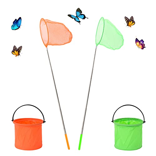 GLAITC Teleskop Fischer Schmetterlingsnetze,2 Stück Teleskop Faltnetz für Schmetterlingskäfer Insekten Vögel Netze mit 2 Stück Faltbarem Wassereimer für Kinder zum Angeln am Strand im Freien (orange) von GLAITC