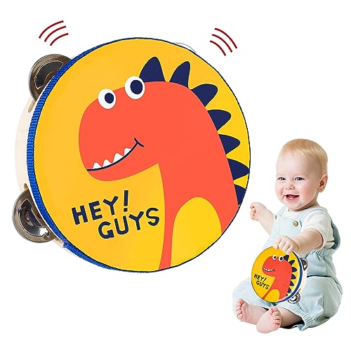 Tamburin Mit Süßem Tiermotiv - Handtrommel, Hölzerne Baby Trommel, Musikinstrumente für Kinder, Aus Holz, Instrument Spielzeug für Jungen Mädchen (Dinosaurier) von GLAITC