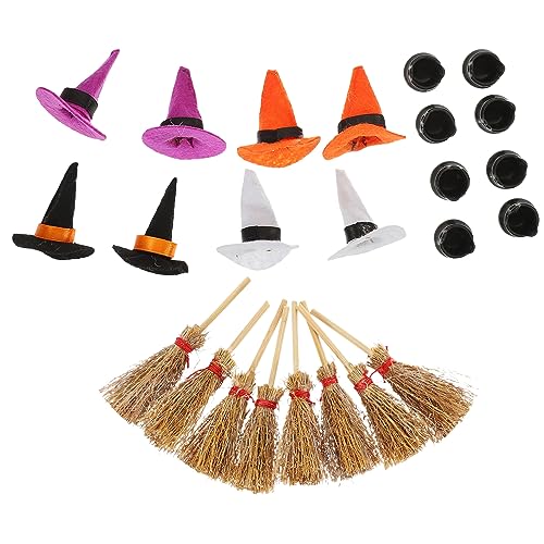 GLEAVI 1Satz Hexenhut Mit Besen Und Kessel Teiliges Puppenhaus Für Halloween Und Bastelprojekte Kreative Mini Hexenaccessoires Für Festliche Anlässe Und Partys von GLEAVI