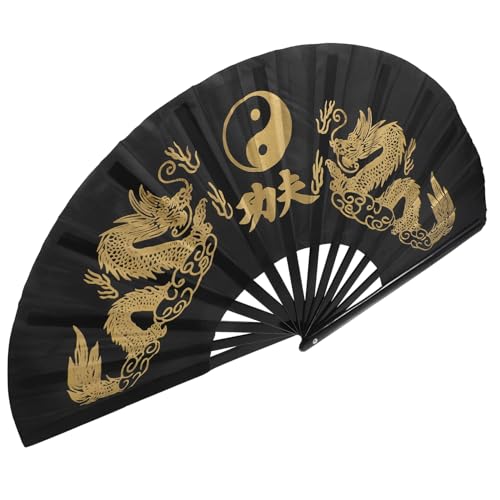 GLEAVI Vintage Stil Faltbarer Kung Fu Handfächer Tai Chi aus Holz für Tanz Aufführung und Dekoration Tragbarer Retro Handheld Fan mit Schwarzer Oberfläche und Goldfarbenem Doppel drachen GLEAVI Vintage Stil Faltbarer Kung Fu Handfächer Tai Chi aus Holz für Tanz Aufführung und Dekoration Tragbarer Retro Handheld Fan mit Schwarzer Oberfläche und Goldfarbenem Doppel drachen von GLEAVI