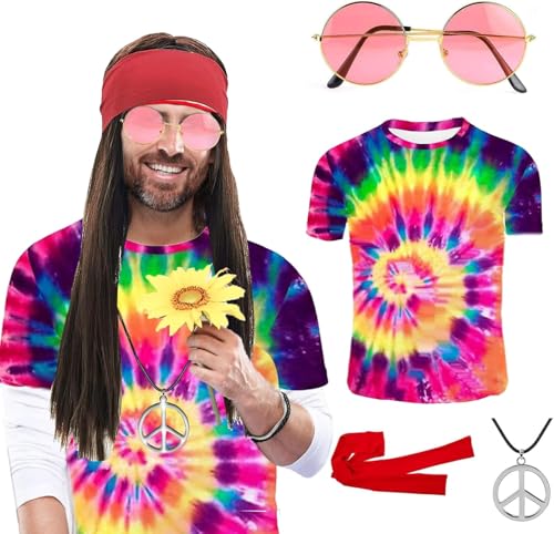 GLEEMEN 70er Kostüme Herren Damen, 6 pcs Hippie T-Shirt Perücke Brille Peace Halskette Stirnband, 70er Jahre Bekleidung Karneval Fasching Fastnacht GLEEMEN 70er Kostüme Herren Damen, 6 pcs Hippie T-Shirt Perücke Brille Peace Halskette Stirnband, 70er Jahre Bekleidung Karneval Fasching Fastnacht von GLEEMEN