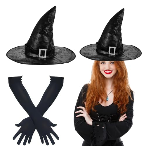 GLEEMEN Damen Hexenhut und Lange Handschuhe Set, Schwarz Hexe Halloween Hüte Stretchhandschuhe, Kostümzubehör für Karneval Fasching Mottoparty Cosplay (A) von GLEEMEN