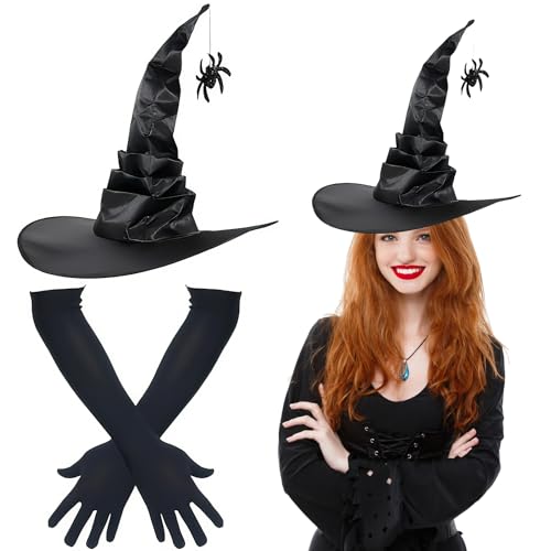 GLEEMEN Damen Hexenhut und Lange Handschuhe Set, Schwarz Hexe Halloween Hüte Stretchhandschuhe, Kostümzubehör für Karneval Fasching Mottoparty Cosplay (B) von GLEEMEN