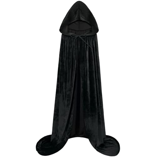 GLEEMEN Halloween Umhang Mit Kapuze, Teufel Kostüm Hexenko, Mittelalter Kapuzenumhang, Kinder Herren Damen Vampire Kostüm Cape Satin, Mantel Karneval (150cm-Schwarz B) von GLEEMEN