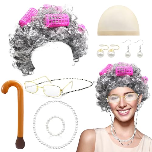 GLGHMH 10pcs Old Lady Kostüm Set Oma Perücke Kappe inkl. Brille Perle Ohrring Armband Halskette Aufblasbarer Gehstock Großmutter Verkleidung Kostüm für Weihnachten Halloween Welttag des Buches von GLGHMH