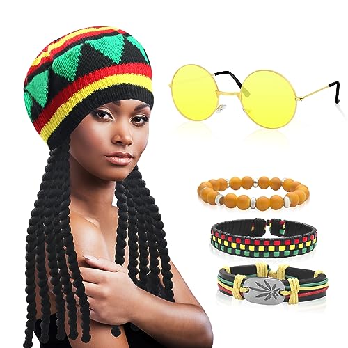 GLGHMH 5pcs Rasta Kostüm Zubehör Rasta Hut mit schwarzen Dreadlocks und gelben Brille und 3pcs Armband Karibik Fasching Kostüm für Party Cosplay von GLGHMH