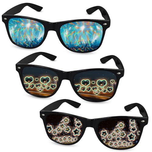 GLGHMH Beugungsbrille, 3D-Herz, Stern, Feuerwerk, Rave-Brille, Party-Sonnenbrille für Kostüme, Musik, Konzert, Club, Partyzubehör, 3 Stück von GLGHMH