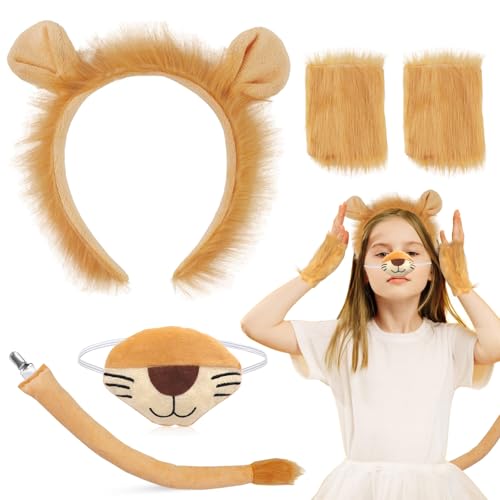 Löwen-Kostüm für Erwachsene und Kinder, Löwen-Stirnband, Mähne, Handschuhe, Löwenschwanz, Nase, Tier-Löwe, Cosplay-Kostüm, Zubehör, Halloween, Fasching, 5 Stück Löwen-Kostüm für Erwachsene und Kinder, Löwen-Stirnband, Mähne, Handschuhe, Löwenschwanz, Nase, Tier-Löwe, Cosplay-Kostüm, Zubehör, Halloween, Fasching, 5 Stück von GLGHMH