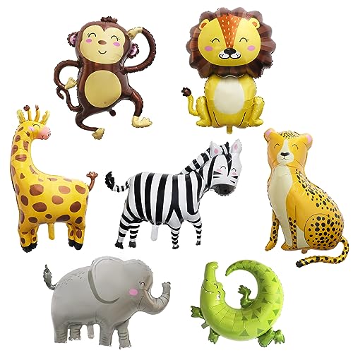 Luftballons mit Dschungel-Safari-Zoo-Tieren, Löwe, Leopard, Affe mit Band, Aluminiumfolien-Ballons für Waldthema, Babyparty, Party-Dekoration, 7 Stück von GLGHMH