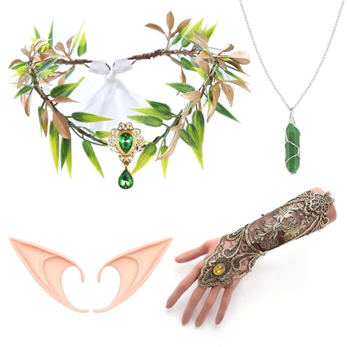 Waldfee-Ohren-Kostüm-Zubehör, Waldfeenkrone, Stirnband, Spitzenhandschuhe, Elfenohren, Wikingerkette, Renaissance-Elfen-Kostüm für Damen, Mädchen, Halloween, Cosplay, Kostümparty, 4 Stück Waldfee-Ohren-Kostüm-Zubehör, Waldfeenkrone, Stirnband, Spitzenhandschuhe, Elfenohren, Wikingerkette, Renaissance-Elfen-Kostüm für Damen, Mädchen, Halloween, Cosplay, Kostümparty, 4 Stück von GLGHMH