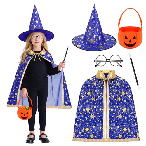 Zauberer-Umhang und Hexenhut für Kinder, Set mit goldenem Sternmuster, magisches Hexen-Outfit, Zauberer-Umhang für Kinder, Cosplay, Maskerade, Party-Requisiten von GLGHMH